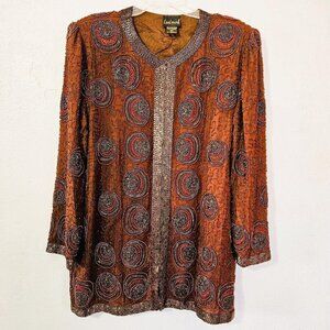 Vintage Women's Beaded Brown Jacket 100% Pure Silk Elegant Size 1X